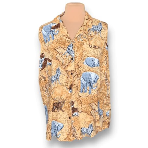 Vintage 90s Shirt Tan Sleeveless African Map Animal Zebra Print Plus Size 2X - Picture 8 of 8